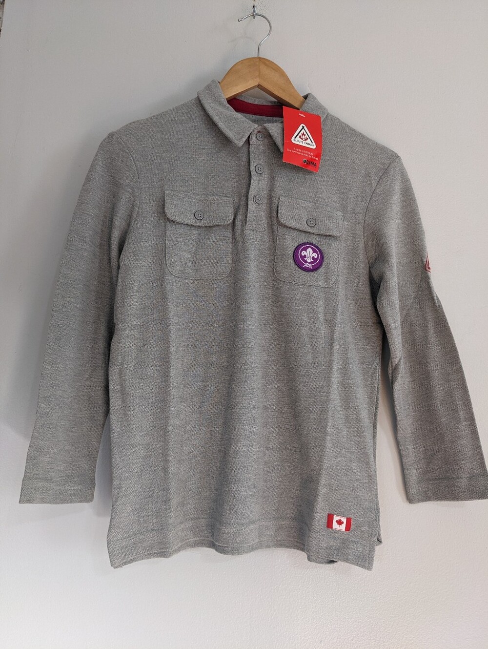 Scouts Canada Shirt Youth Large Gray Long Sleeve Uniform Clubs Collared Patch NW